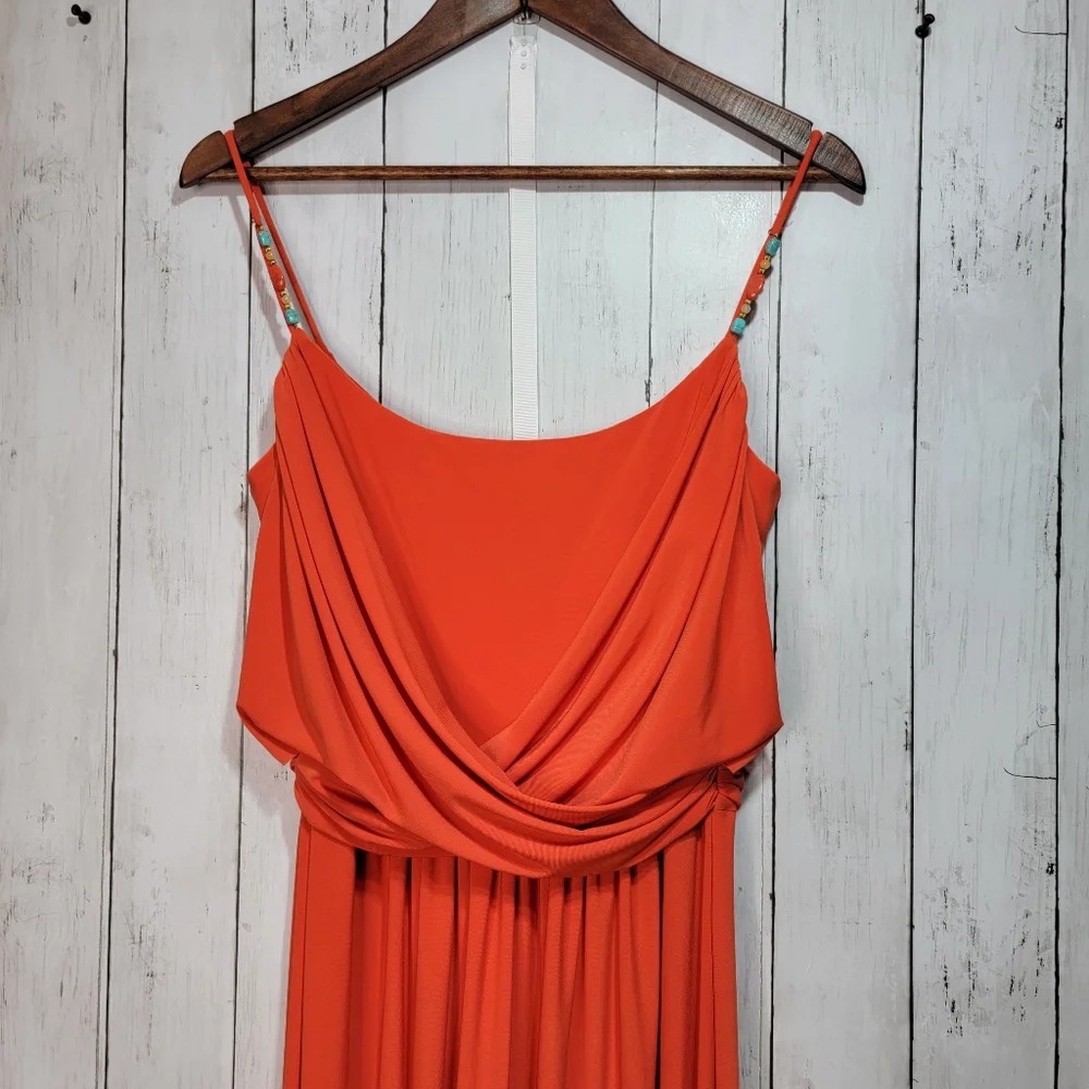 Perfect SUMMER dress! Women's Orange Maxi Dress with Draped Bodice - Picture 2 of 5